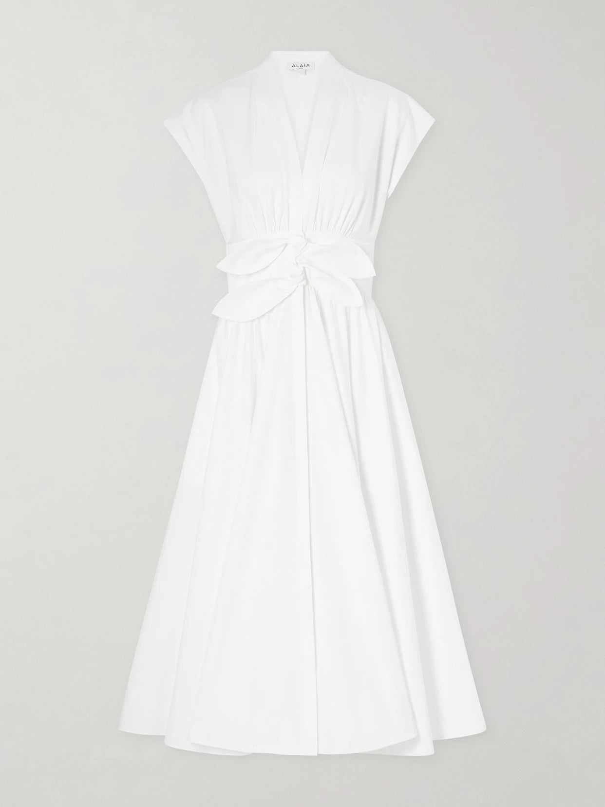 Image of Dresses. Product name - Knot-detailed Belted Cotton-poplin Midi Dress in White colour by brand - Alaïa