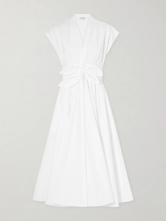 Image of Dresses. Product name - Knot-detailed Belted Cotton-poplin Midi Dress in White colour by brand - Alaïa