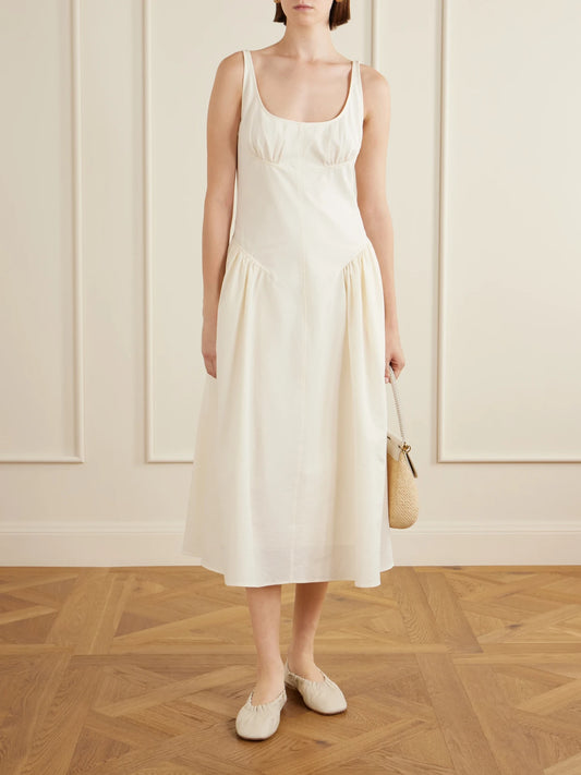 Image of Dresses. Product name - Solira Seersucker Midi Dress in Off-white colour by brand - Proenza Schouler White Label
