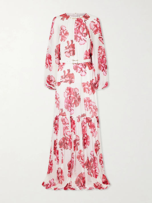 Image of Dresses. Product name - Damask Rose Embellished Tiered Floral-print Georgette Maxi Dress in Pink colour by brand - Rebecca Vallance