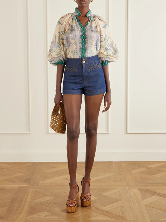 Image of Blouses. Product name - Indra Billow Metallic Cotton And Silk-blend Blouse in Multi colour by brand - Zimmermann