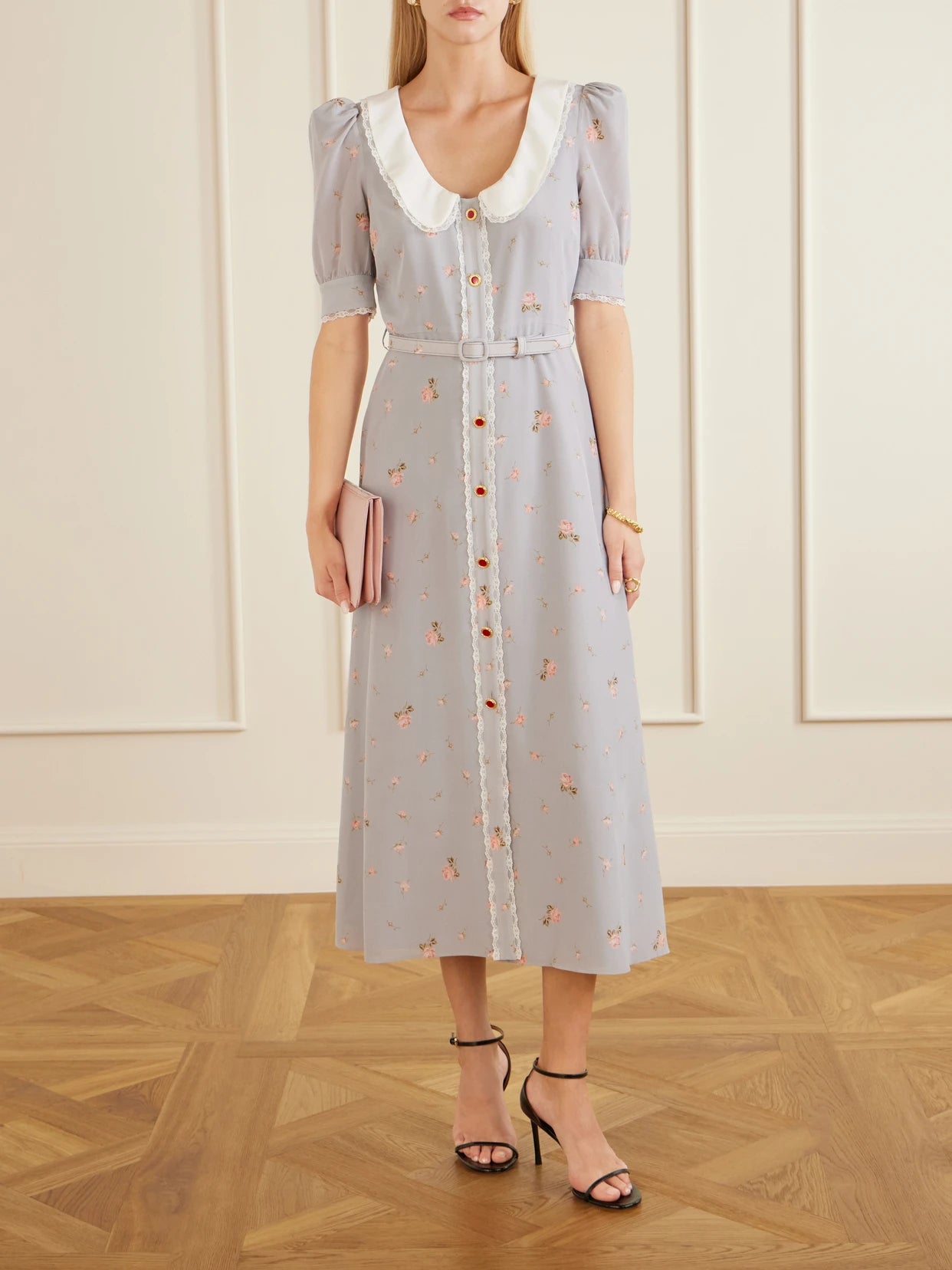 Image of Dresses. Product name - Belted Floral-print Lace-trimmed Silk-crepe De Chine Midi Dress in Gray colour by brand - Alessandra Rich