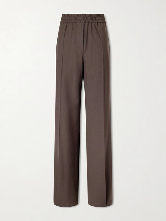 Image of a model wearing Pants. Product name - Wide-leg Wool-blend Pants in Dark brown colour by brand - Brunello Cucinelli