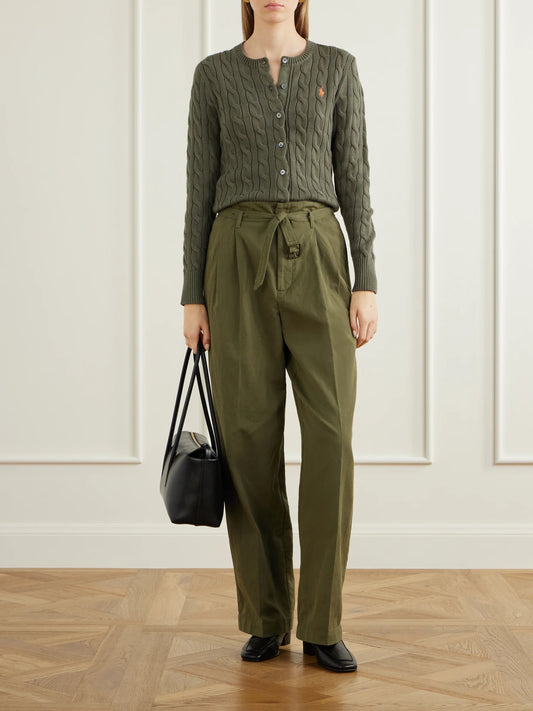 Image of a model wearing Pants. Product name - Belted Cotton And Linen-blend Canvas Wide-leg Pants in Army green colour by brand - Polo Ralph Lauren