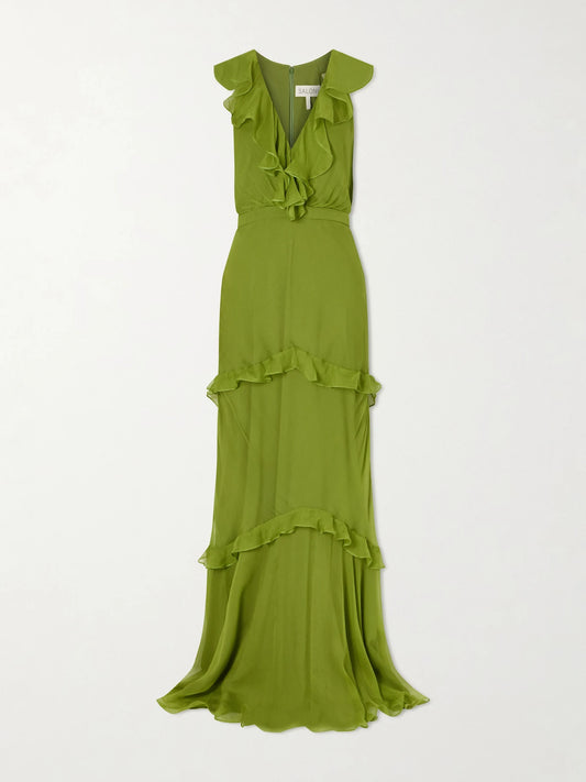 Image of Dresses. Product name - Rita Gathered Ruffled Silk Gown in Army green colour by brand - Saloni