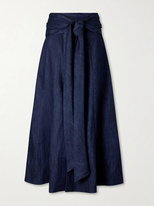 Image of a model wearing Skirts. Product name - Zivan Cotton And Linen-blend Maxi Skirt in Dark denim colour by brand - Gabriela Hearst