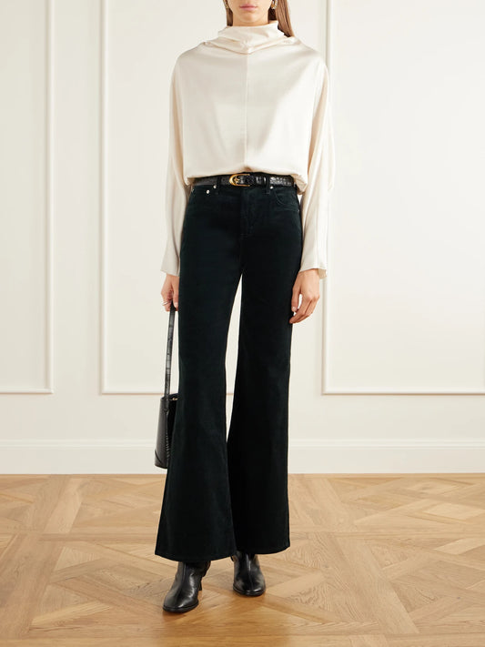 Image of a model wearing Tops. Product name - Ilaria Satin Blouse in Cream, Brown colour by brand - Citizens of Humanity