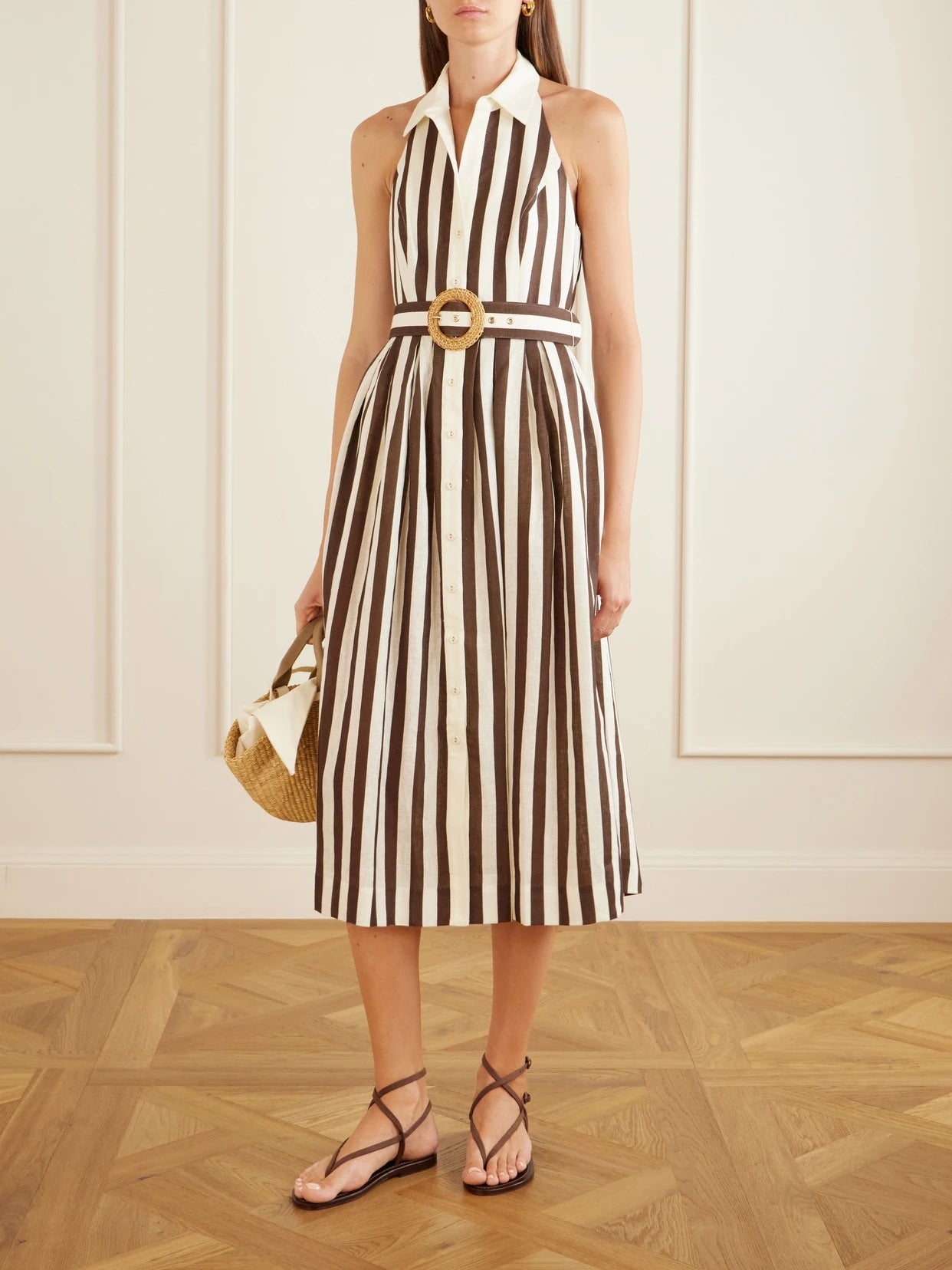 Image of Dresses. Product name - Quentin Belted Pleated Striped Cotton-poplin Halterneck Midi Dress in Brown colour by brand - Cara Cara