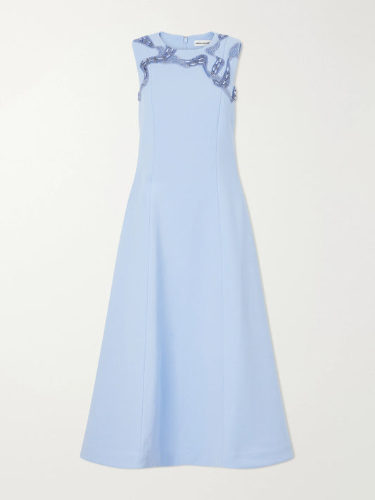 Image of Dresses. Product name - Aylin Embellished Cady Midi Dress in Light blue colour by brand - Rebecca Vallance
