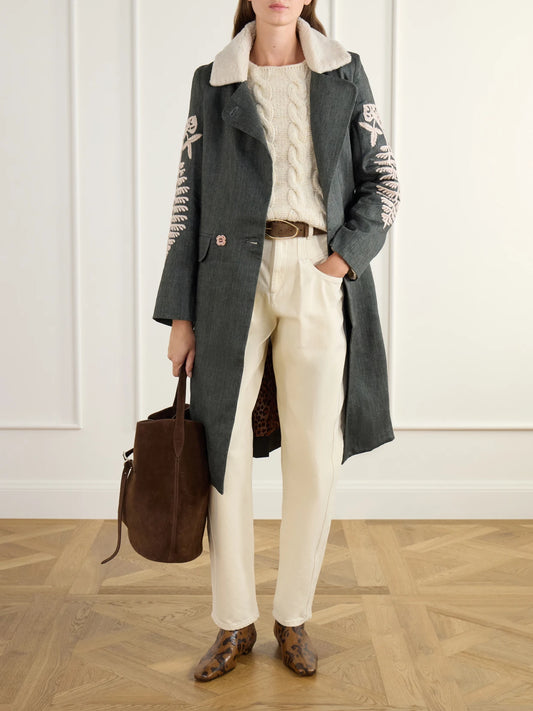 Image of Coats & Jackets. Product name - Petunia Embroidered Fleece-trimmed Wool And Linen-blend Twill Coat in Army green colour by brand - ALIX OF BOHEMIA