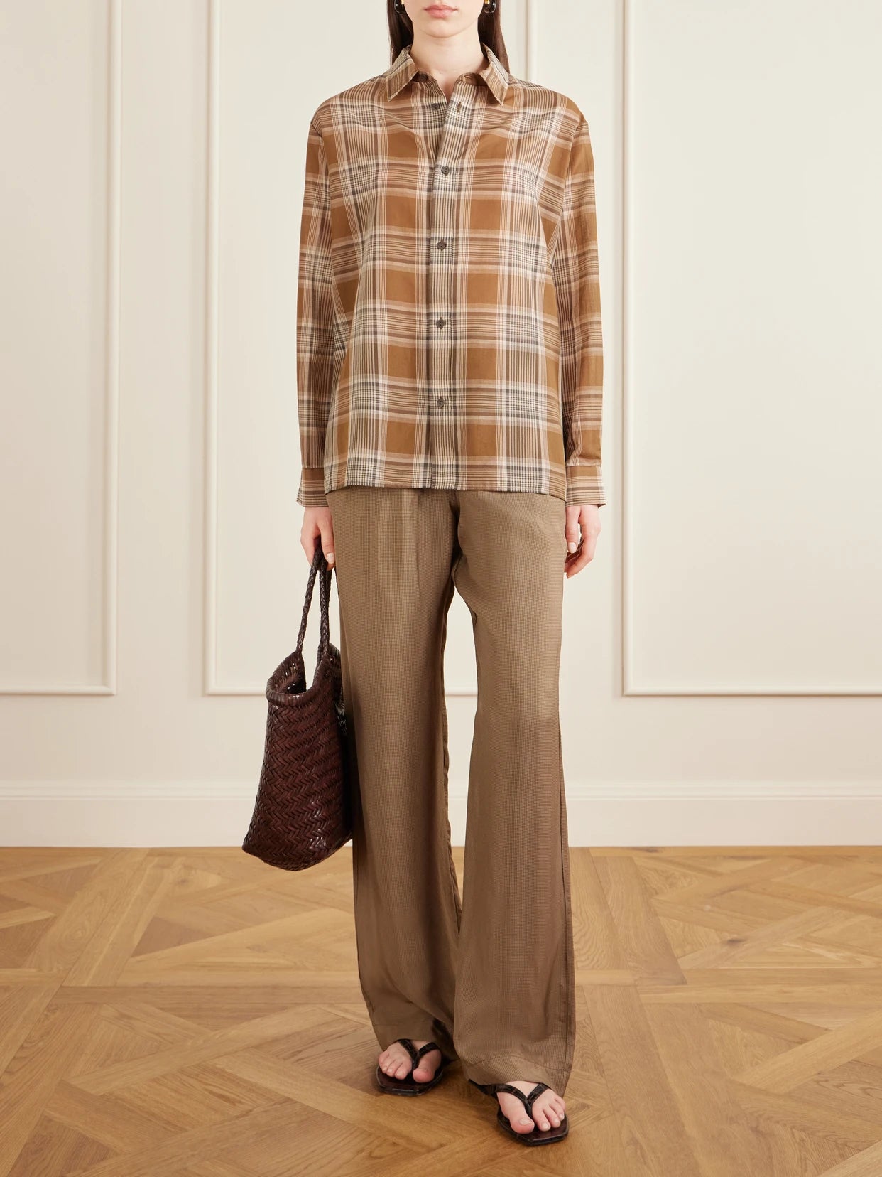 Image of a model wearing Tops. Product name - Checked Cotton-voile Shirt in Brown colour by brand - Matteau