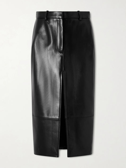 Image of a model wearing Skirts. Product name - Anden Paneled Leather Midi Skirt in Black colour by brand - KHAITE