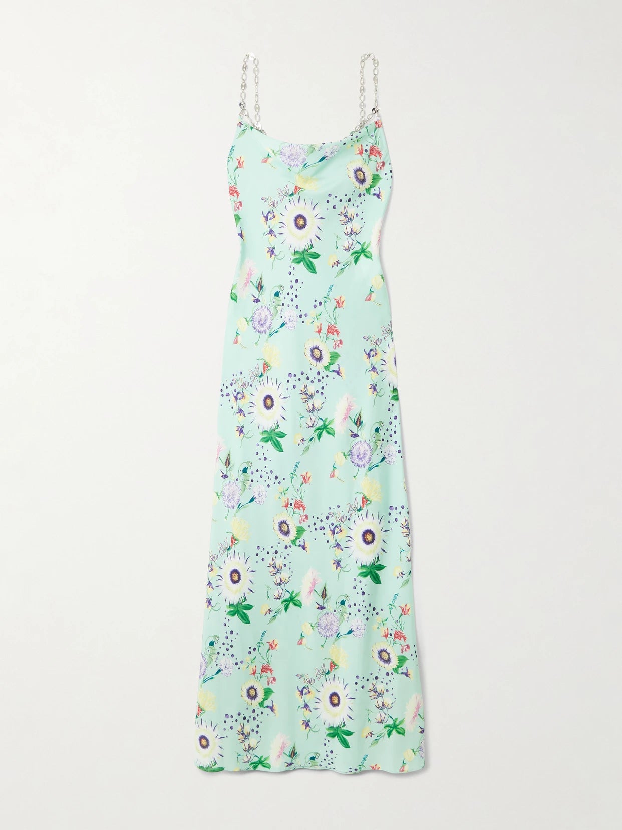 Image of Dresses. Product name - Chain-embellished Floral-print Satin Midi Dress in Light green colour by brand - RABANNE