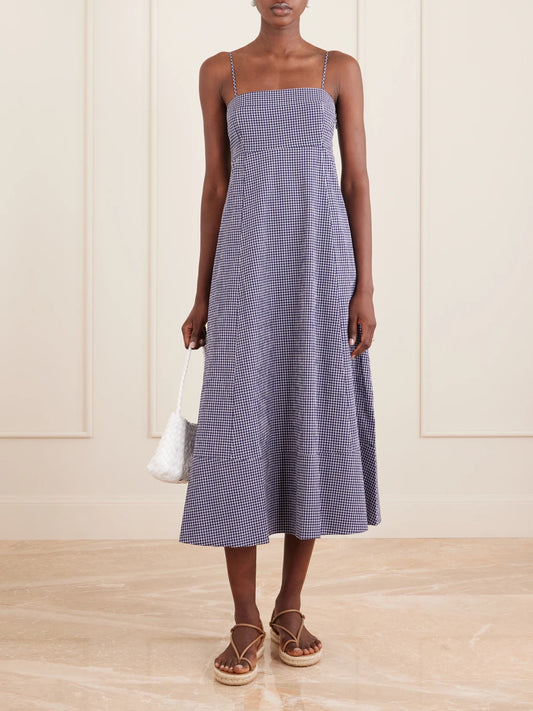 Image of Dresses. Product name - Thay Gingham Knot-detailed Cut-out Seersucker Midi Dress in Multi colour by brand - La Ligne