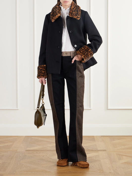 Image of Coats & Jackets. Product name - Aldith Leopard Plush-trimmed Melton Wool-blend Jacket in Black colour by brand - RIXO
