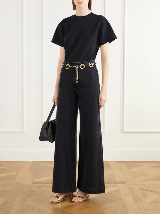 Image of Jeans. Product name - Sydney Embellished Low-rise Flared Jeans in Black colour by brand - Cult Gaia