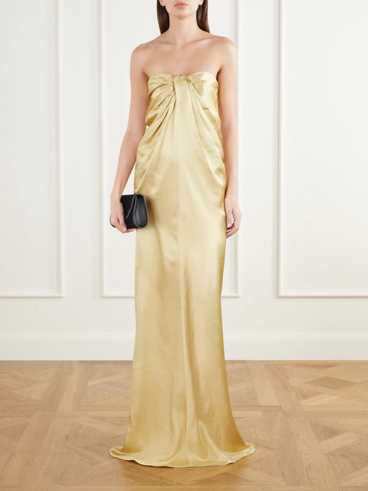 Image of Dresses. Product name - Zenaida Strapless Draped Satin Gown in Gold colour by brand - TOVE
