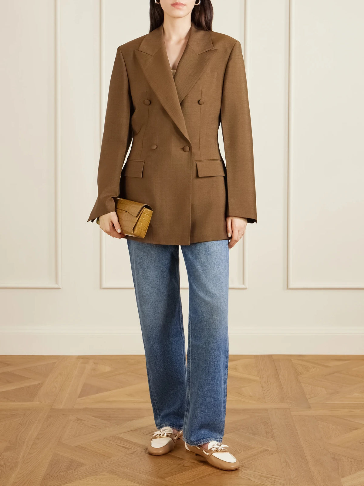 Image of Flats. Product name - Embellished Bow-detailed Two-tone Leather Loafers in Tan colour by brand - Roger Vivier