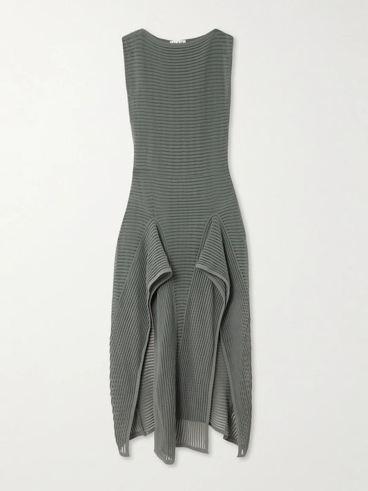 Image of Dresses. Product name - Ruffled Ribbed Open-knit Cotton-blend Midi Dress in Gray colour by brand - Alaïa