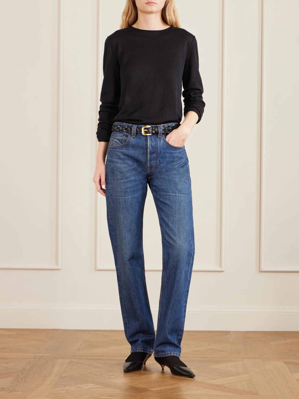 Image of Jeans. Product name - Daciana Mid-rise Striaight-leg Jeans in Mid denim colour by brand - The Row