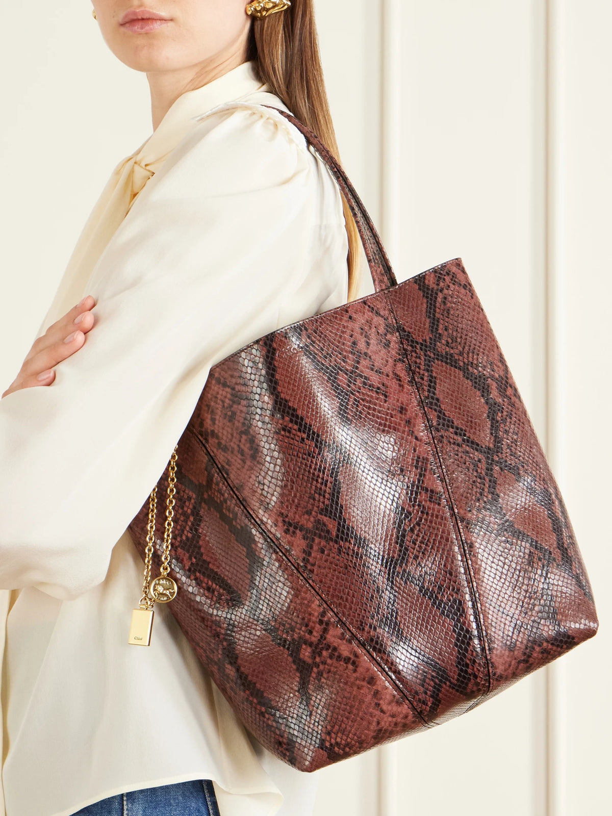 Image of Bags. Product name - Spin Embellished Snake-effect Leather Tote in Snake print colour by brand - Chloé