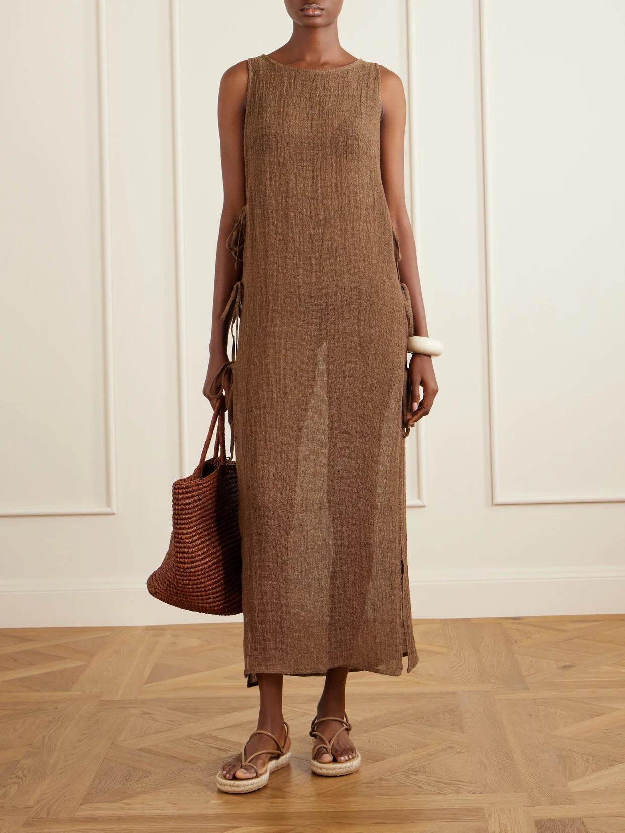 Image of Dresses. Product name - Jarajug Linen Midi Dress in Brown colour by brand - Le Kasha