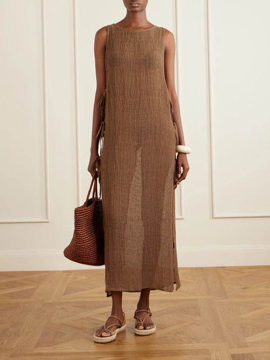 Image of Dresses. Product name - Jarajug Linen Midi Dress in Brown colour by brand - Le Kasha