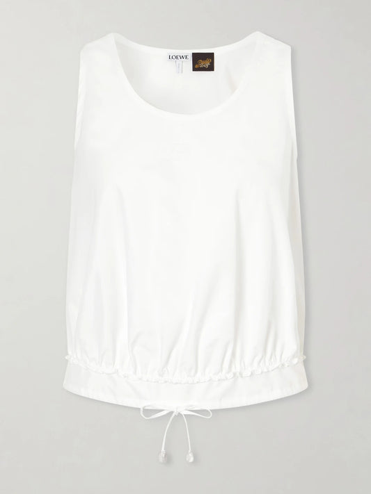 Image of a model wearing Tops. Product name - + Paula's Ibiza Anagram Appliquéd Cotton-popeline Top in White colour by brand - LOEWE
