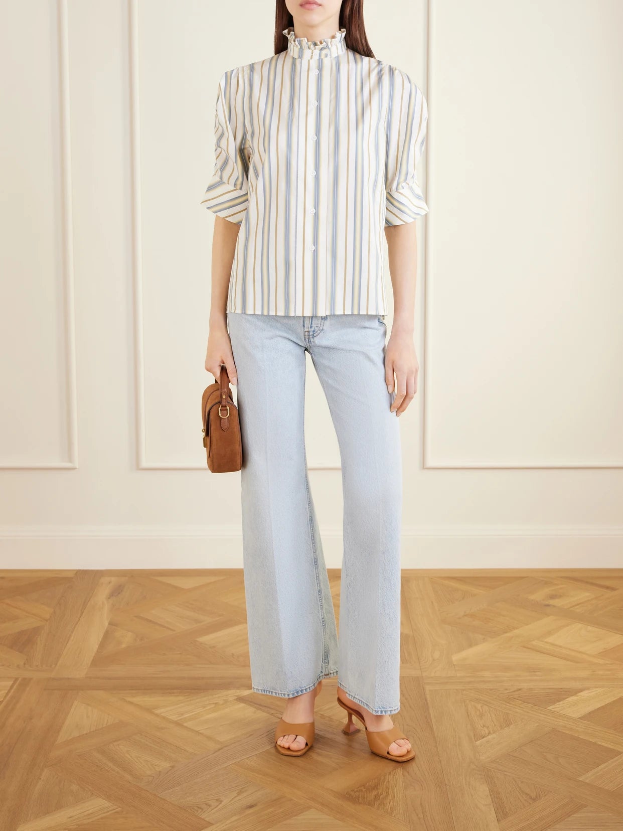 Image of Blouses. Product name - Vita Striped Cotton Blouse in Cream colour by brand - Thierry Colson