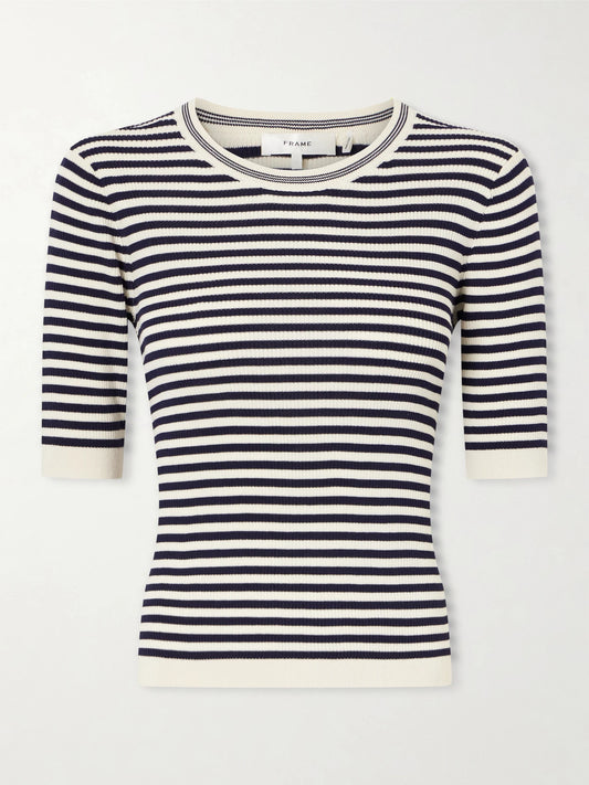 Image of a model wearing Tops. Product name - Striped Cotton-blend T-shirt in Black colour by brand - FRAME