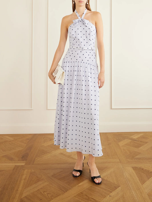 Image of Dresses. Product name - Belted Polka-dot Bow-detail Silk Midi Dress in Blue colour by brand - Alessandra Rich