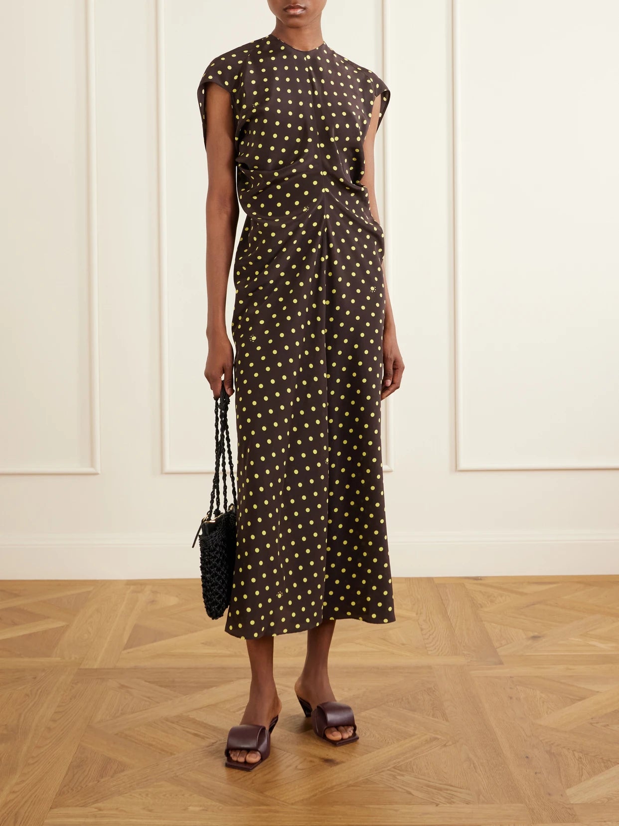 Image of Dresses. Product name - Ruched Polka-dot Silk-blend Midi Dress in Brown colour by brand - Marni