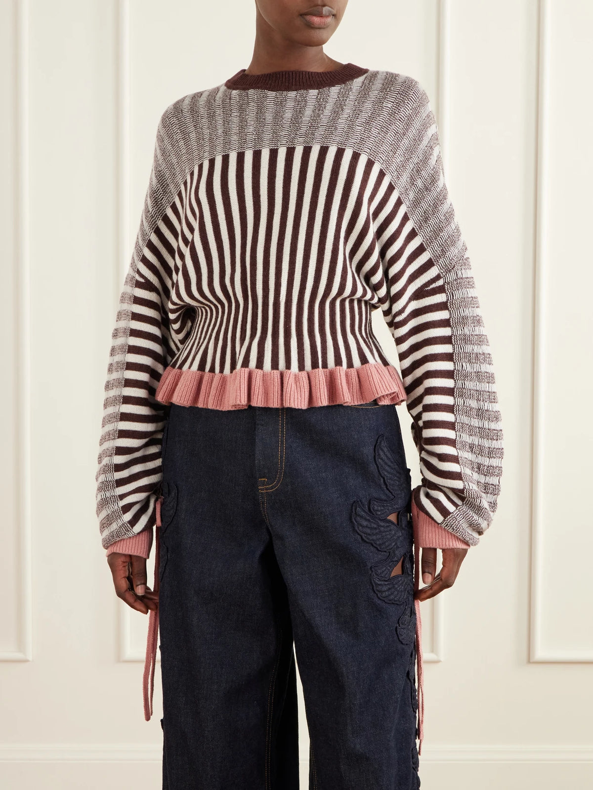 Zimmermann Clash Bow-detailed Ruffled Striped Merino Wool And Cotton-blend Sweater