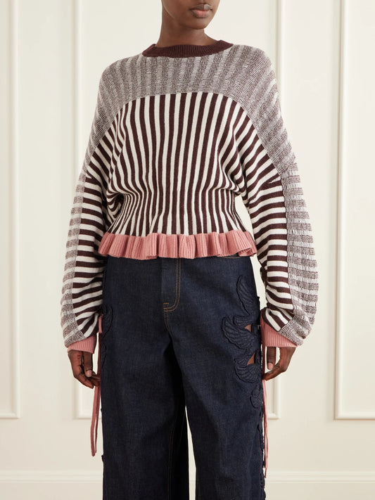Zimmermann Clash Bow-detailed Ruffled Striped Merino Wool And Cotton-blend Sweater