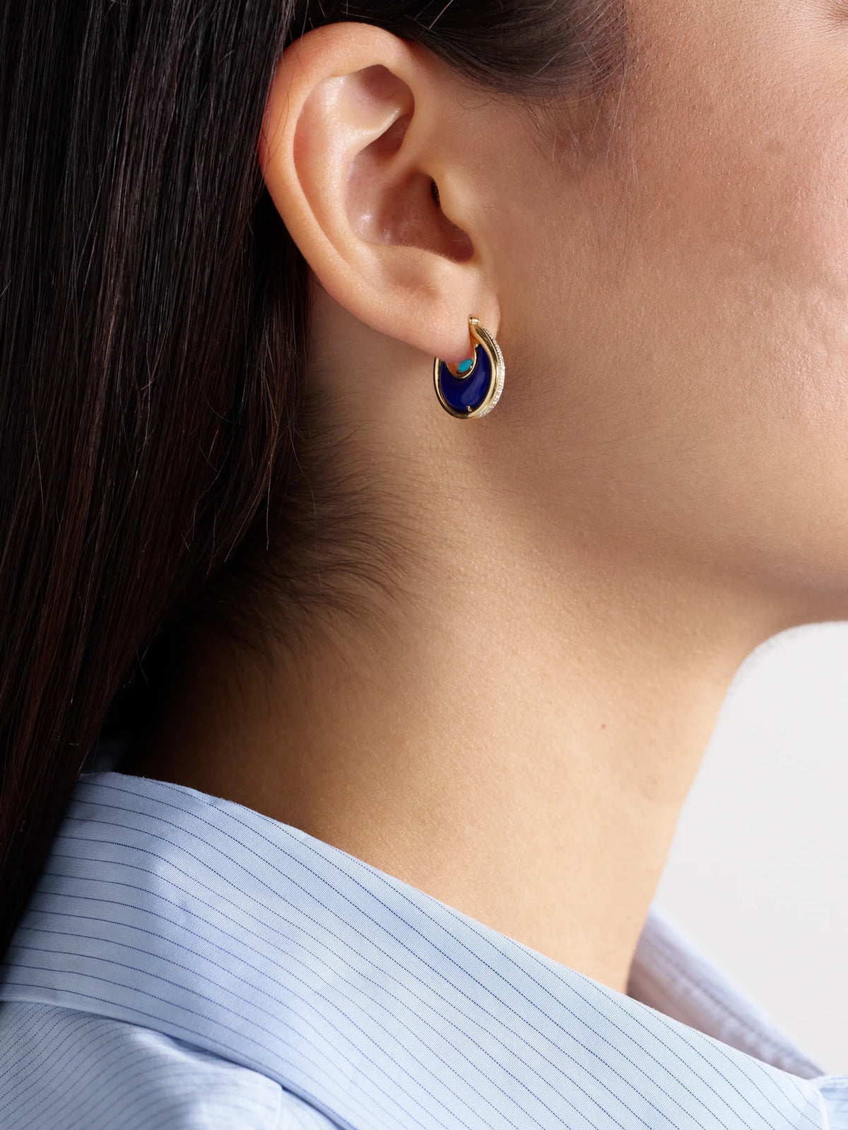 Image of Earrings. Product name - Diana Small 18-karat Gold Multi-stone Hoop Earrings in Blue colour by brand - L'Atelier Nawbar