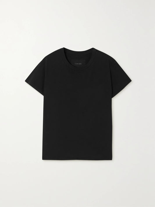 Image of a model wearing Tops. Product name - Brady Distressed Cotton-jersey T-shirt in Black colour by brand - Nili Lotan
