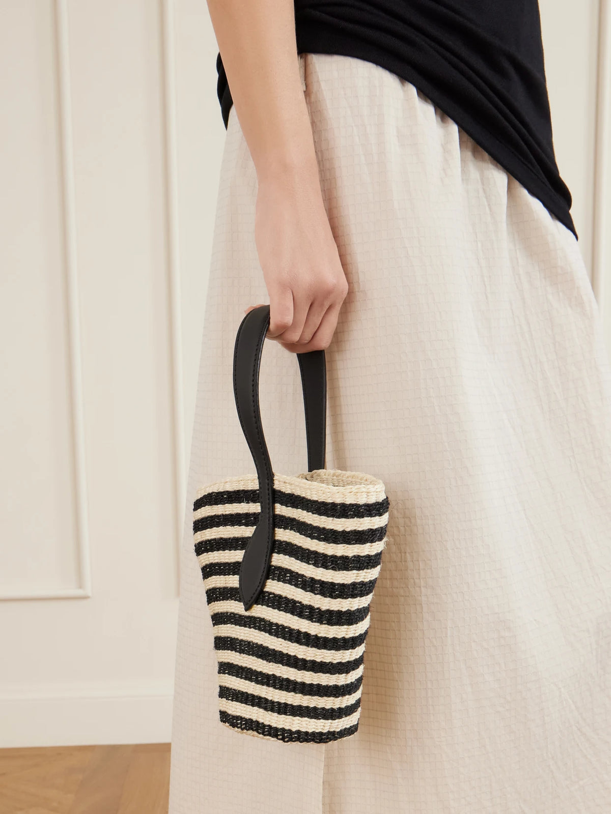 Image of Bags. Product name - Sprout Leather-trimmed Striped Sisal Shoulder Bag in Cream colour by brand - Liffner