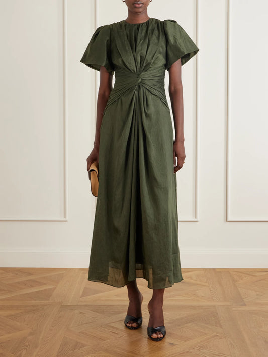 Image of Dresses. Product name - Movement Gathered Lyocell And Linen-blend Midi Dress in Dark green colour by brand - Aje