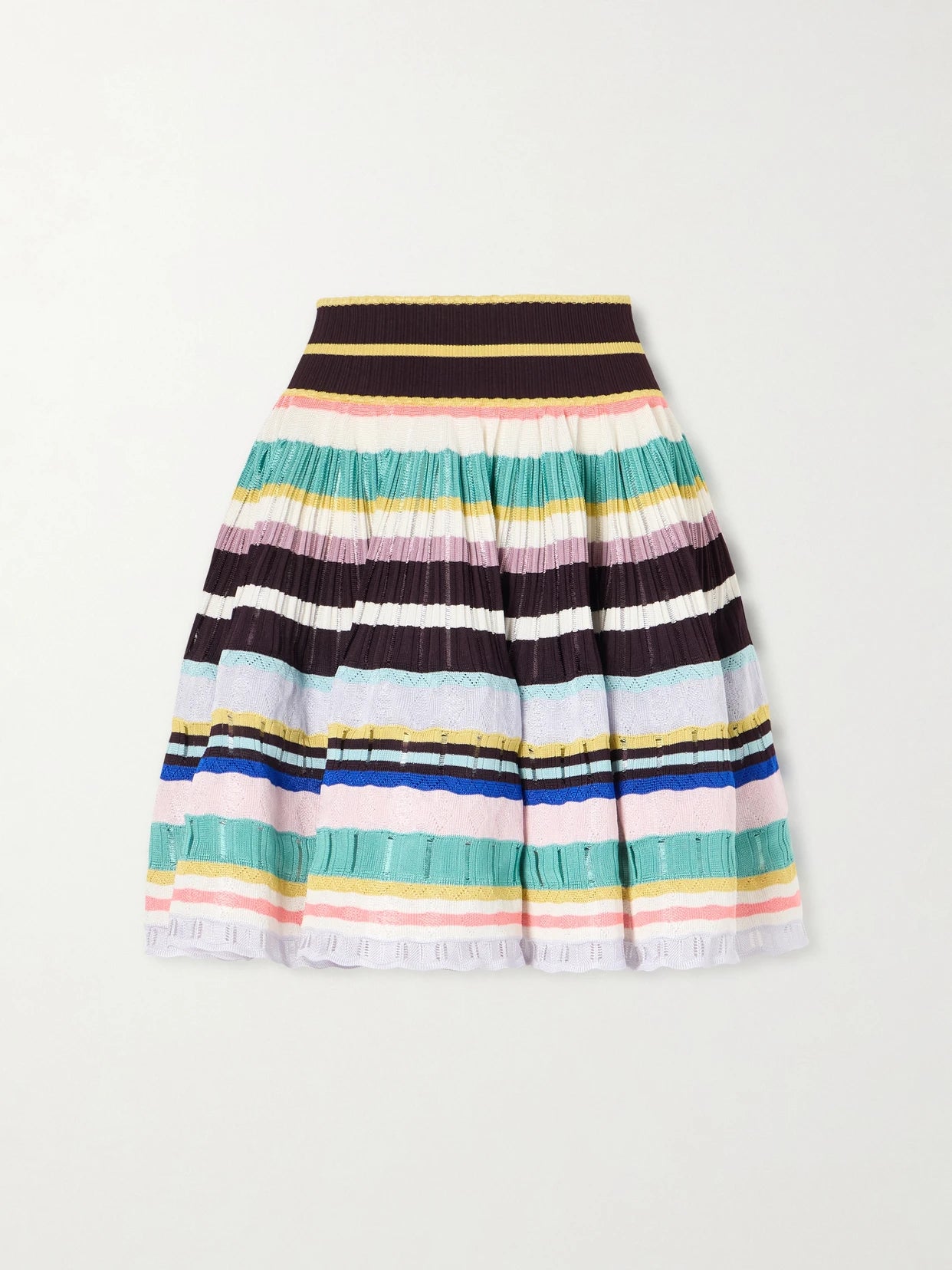 Image of a model wearing Skirts. Product name - Striped Knitted Crinoline Mini Skirt in Multi colour by brand - Alaïa