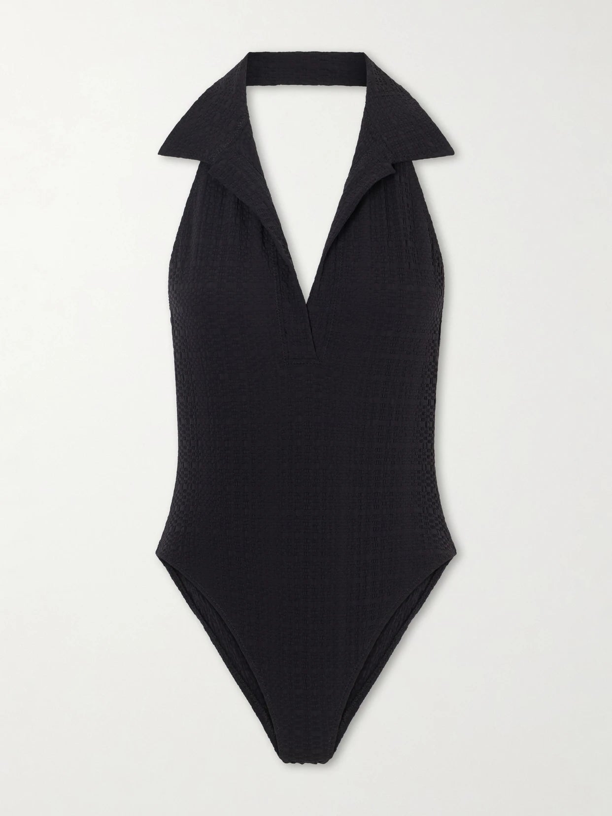 Image of Swimwear. Product name - Polo Seersucker Swimsuit in Black colour by brand - Lisa Marie Fernandez