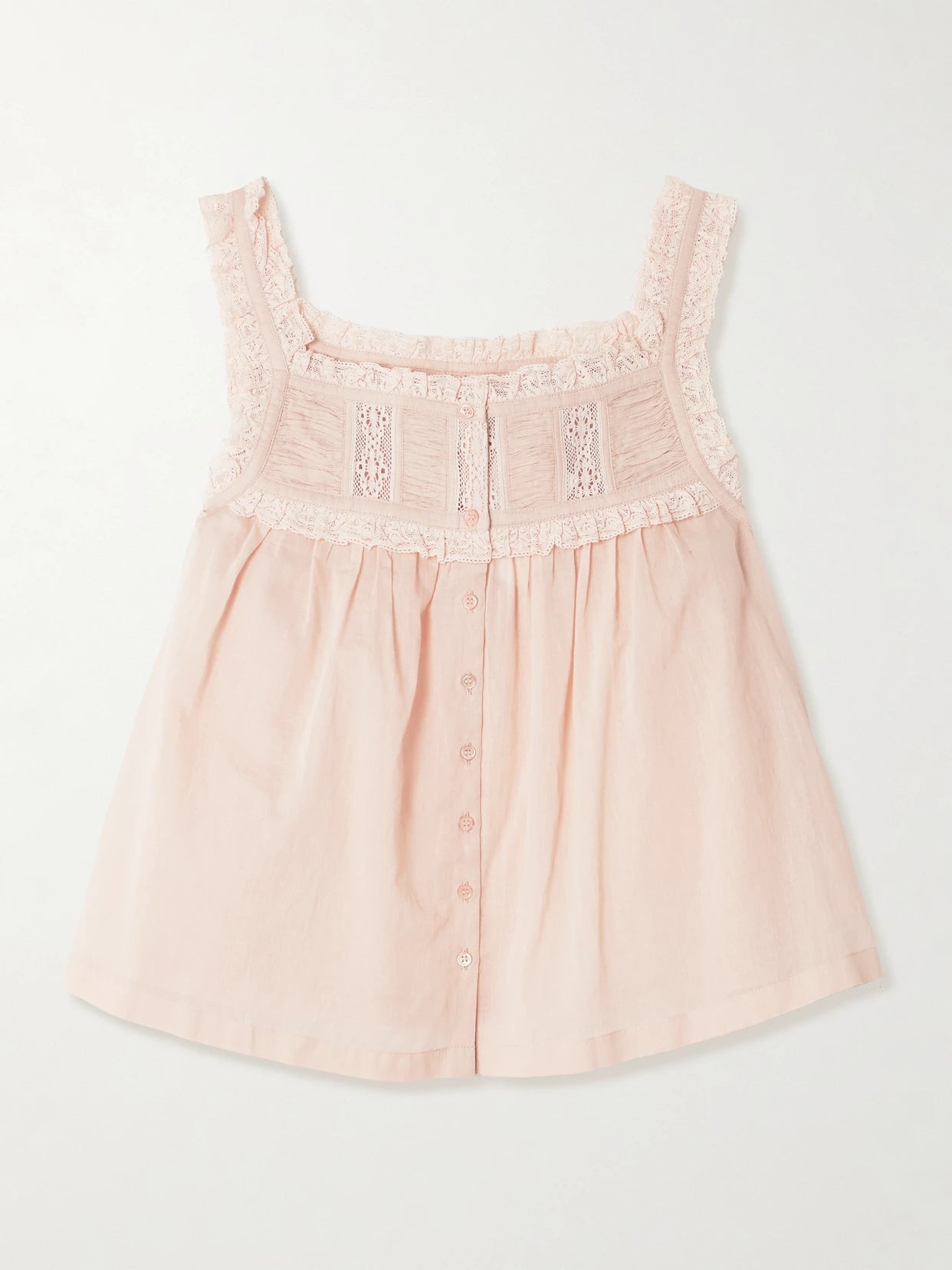 Image of a model wearing Tops. Product name - Fidella Cropped Lace-trimmed Organic Cotton-voile Top in Pink colour by brand - DÔEN