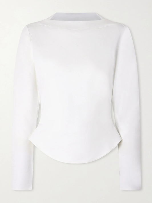 Image of a model wearing Tops. Product name - Asymmetric Cotton-blend Jersey Top in White colour by brand - Alaïa