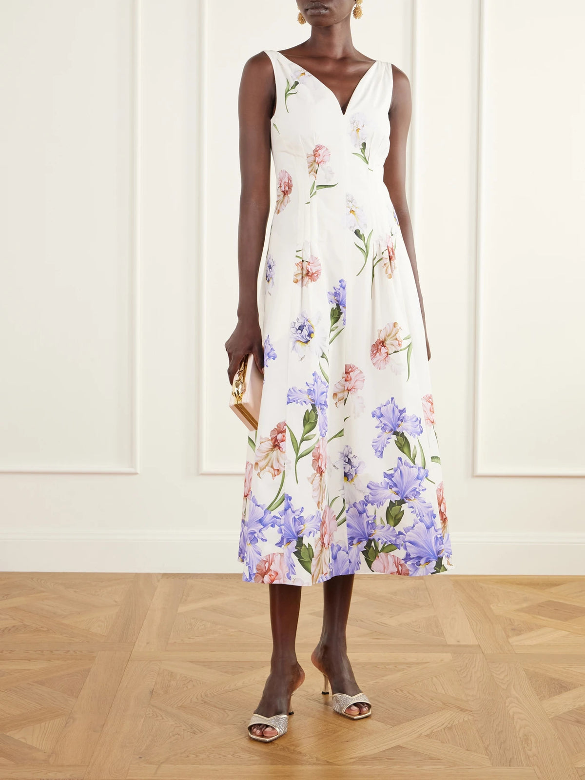 Image of Dresses. Product name - Pleated Floral-print Stretch Cotton-blend Poplin Midi Dress in White colour by brand - Oscar de la Renta