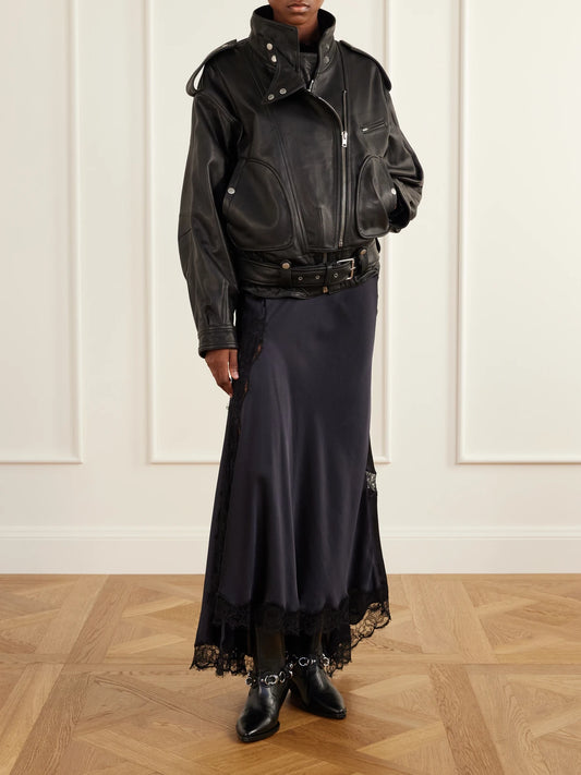 Image of a model wearing Skirts. Product name - Alexandra Lace-detailed Silk-blend Satin Midi Skirt in Black, Midnight blue colour by brand - ISABEL MARANT