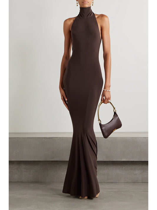 Image of Dresses. Product name - Stretch-jersey Turtleneck Gown in Chocolate colour by brand - Norma Kamali