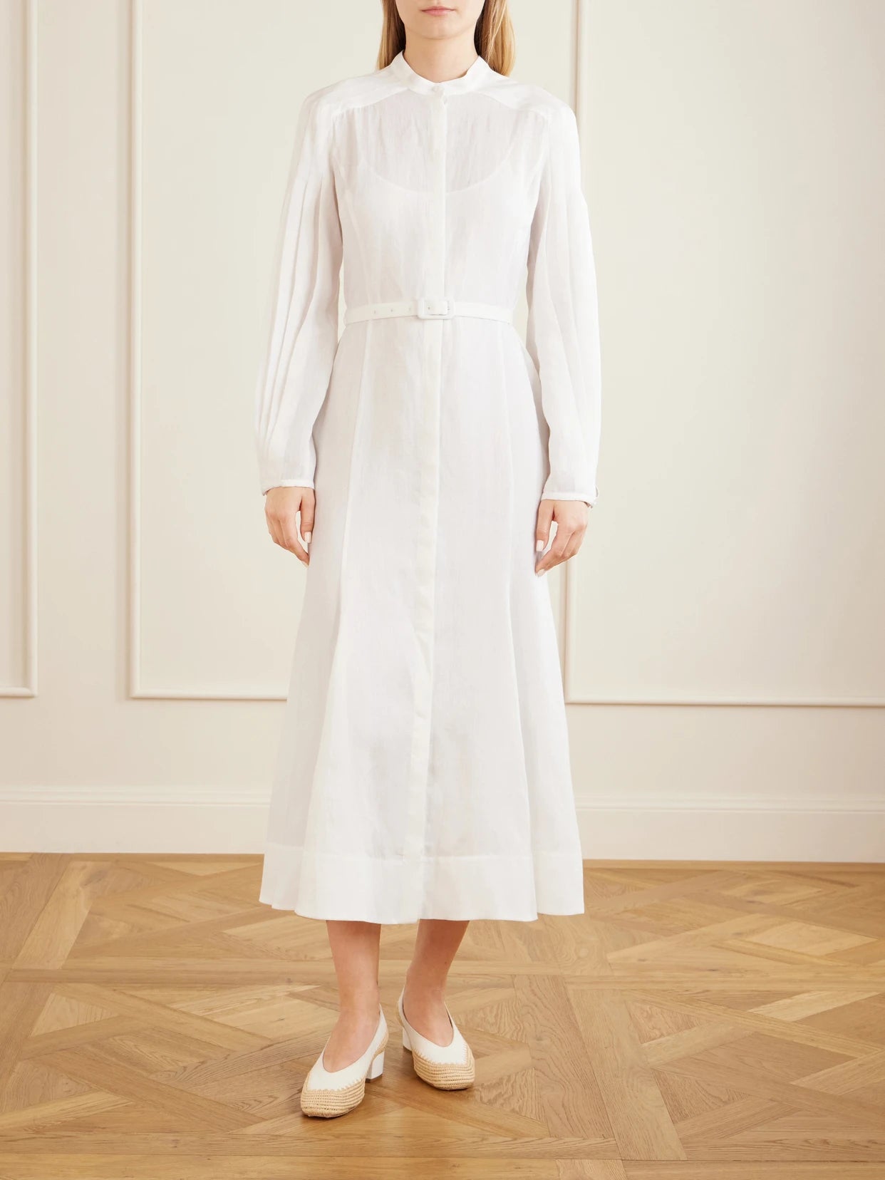 Image of Dresses. Product name - Lydia Belted Linen Midi Dress in White colour by brand - Gabriela Hearst