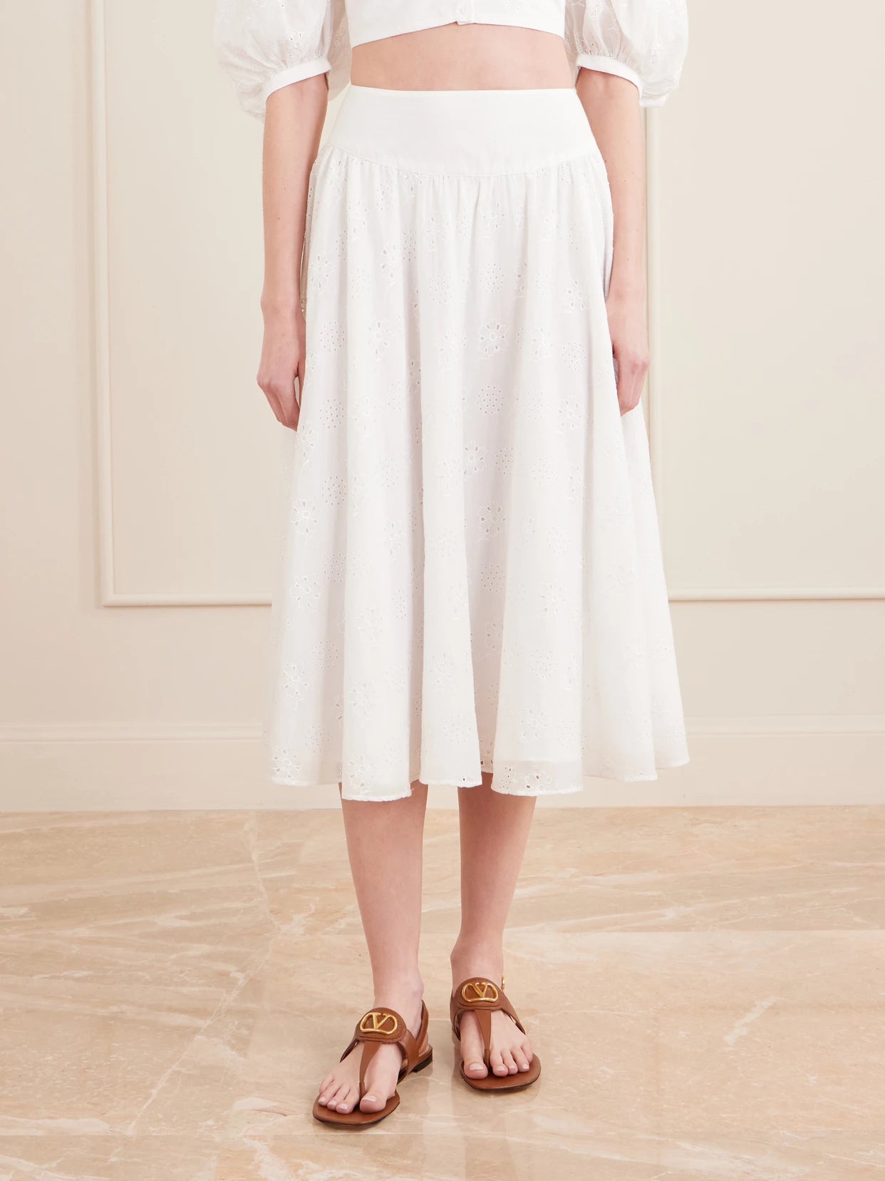 Pamela Pleated Broderie Anglaise Cotton Midi Skirt
