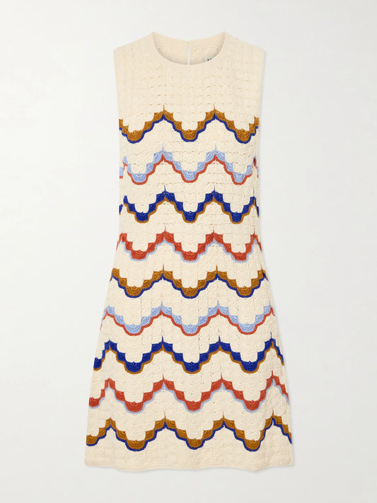 Image of Dresses. Product name - Alma Striped Crocheted Cotton Mini Dress in Ivory colour by brand - ESCVDO