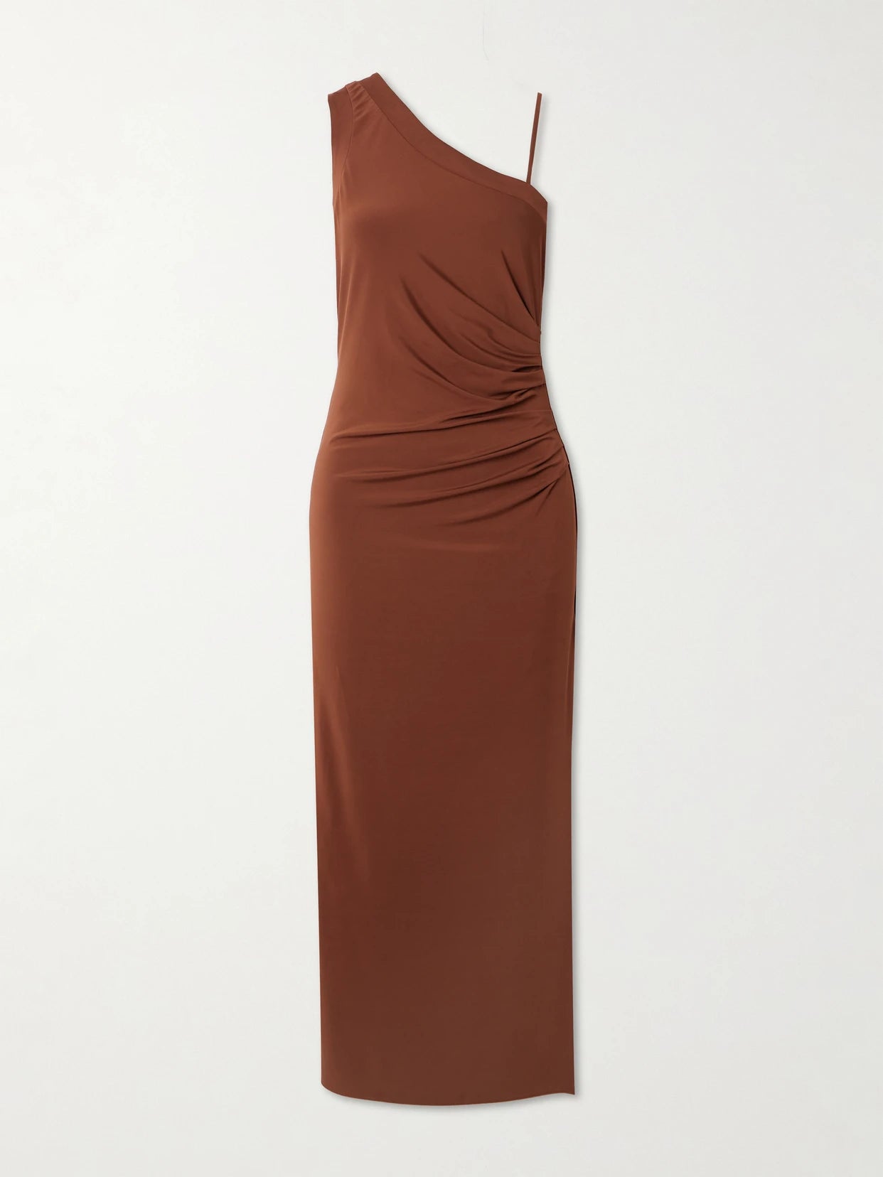 Image of Dresses. Product name - Beachwear One-shoulder Ruched Stretch-jersey Maxi Dress in Chocolate colour by brand - Max Mara
