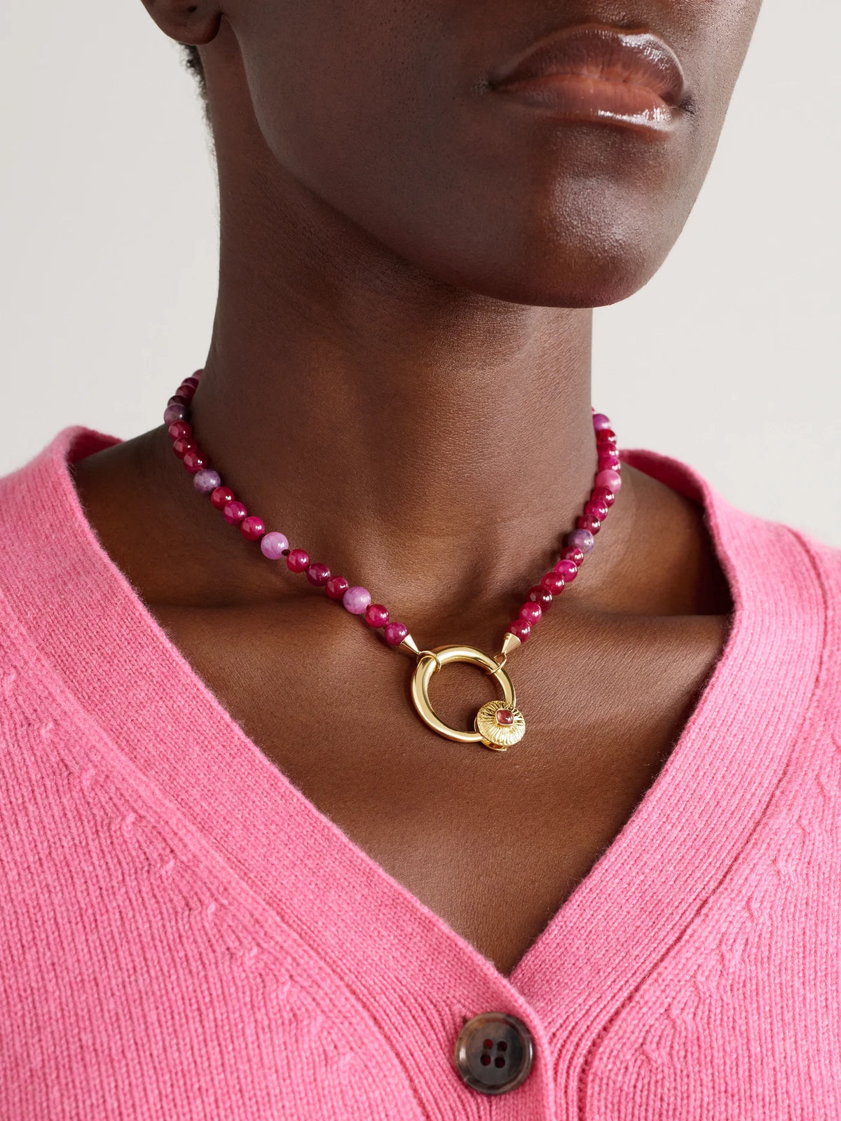 Image of Necklaces. Product name - Flower Musgrave Lock 14-karat Gold, Ruby And Spinel Necklace in Silver colour by brand - Marla Aaron